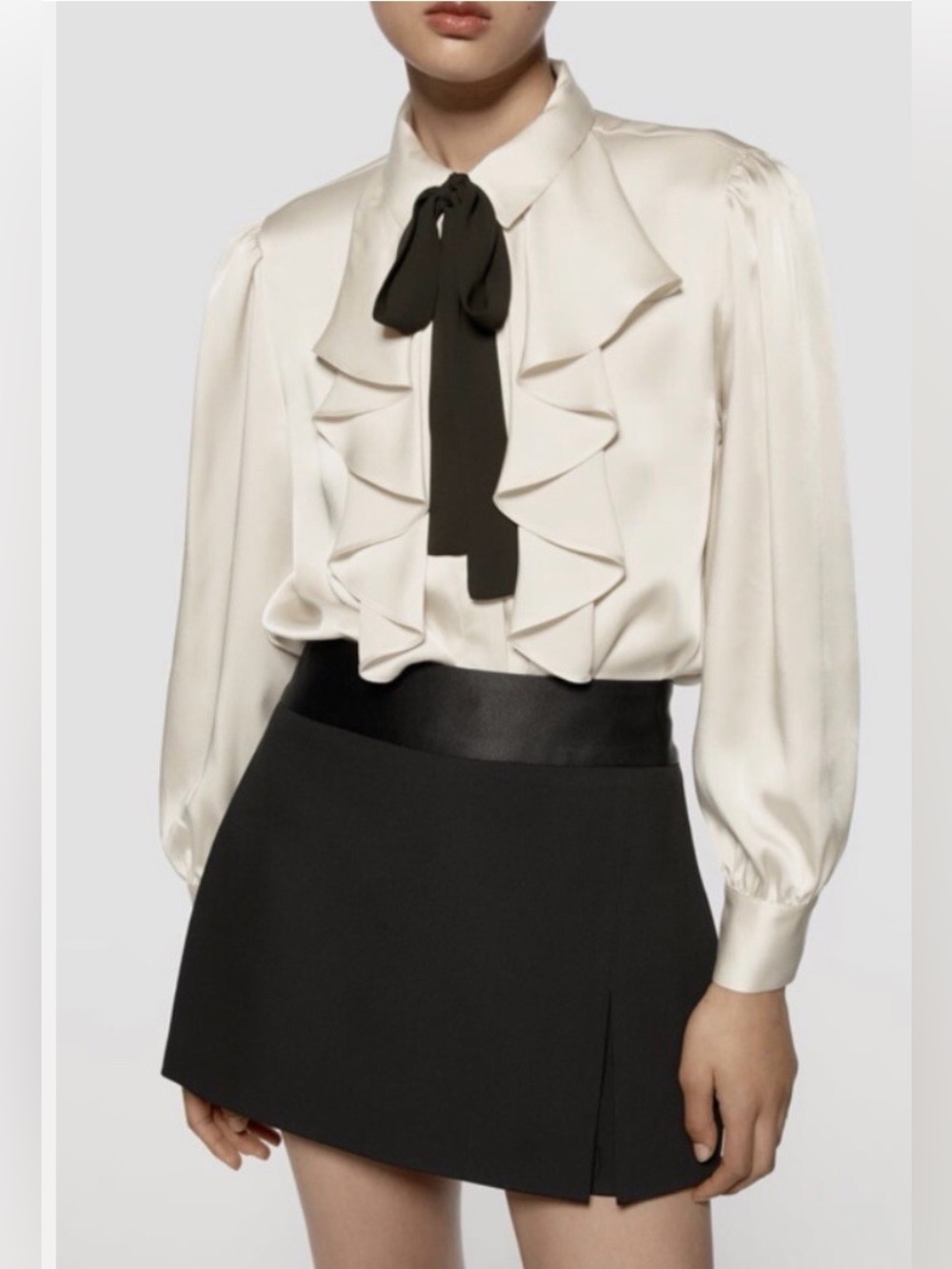 Zara Cream Ruffle Blouse with Black Tie
